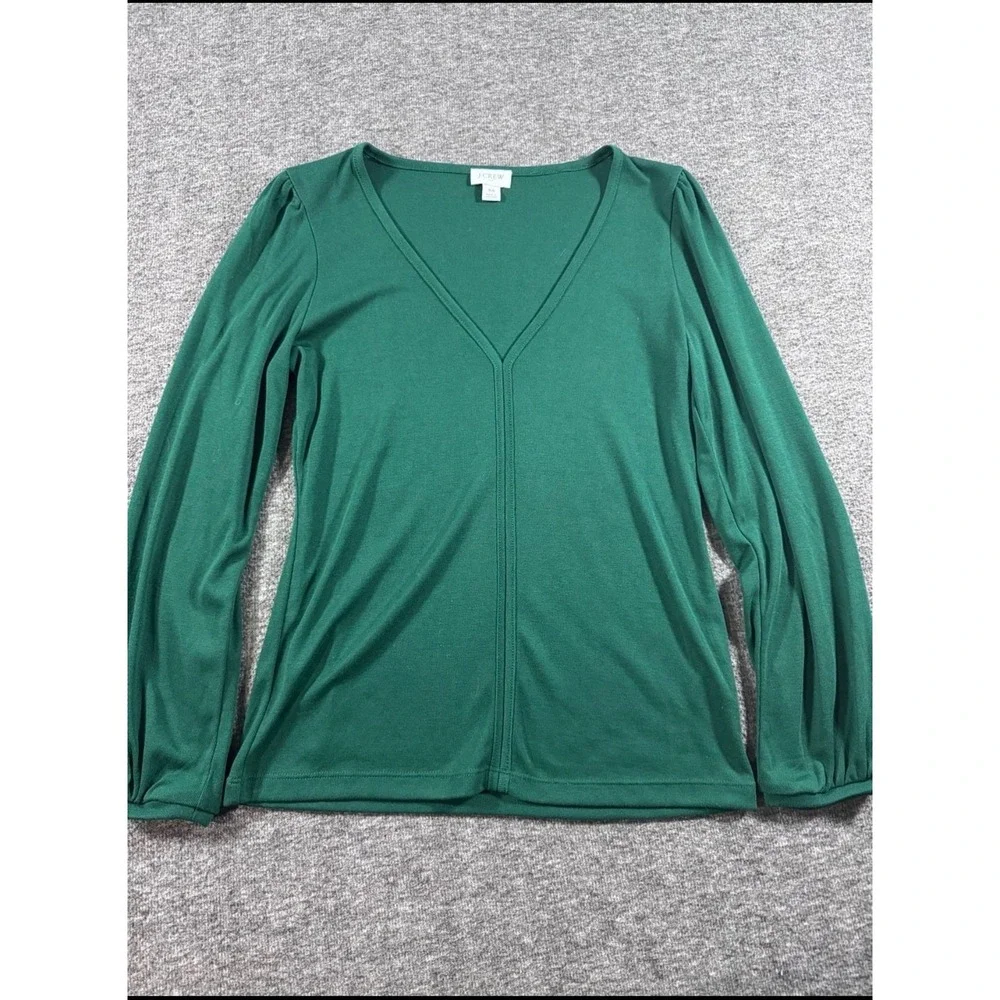 J. Crew Womens XS Green Ribbed V-Neck Puff Sleeve Long Sleeve Top Blouse